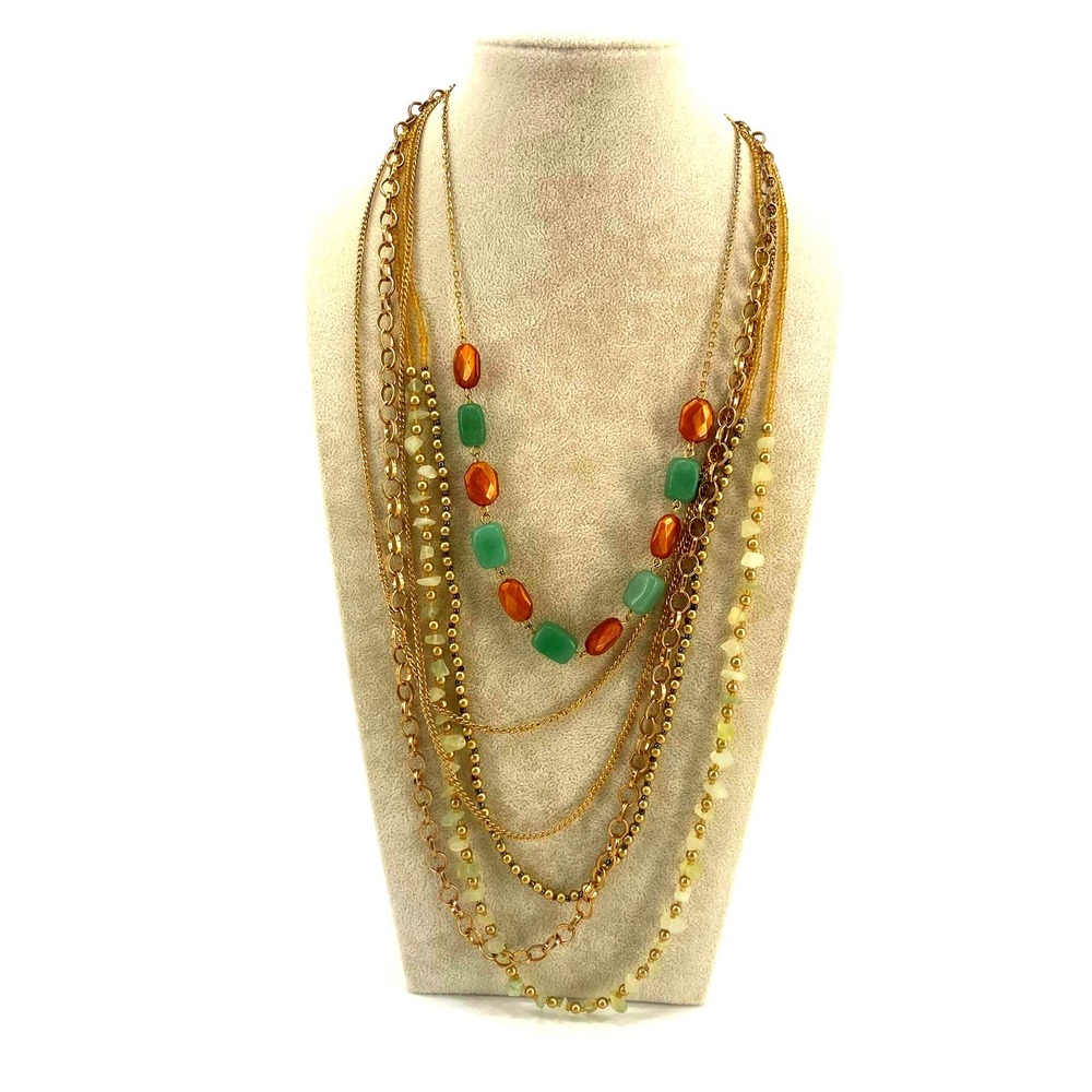 Gold Tone Multi Strand Beaded Necklace Orange Green Stones 26-38" Statement